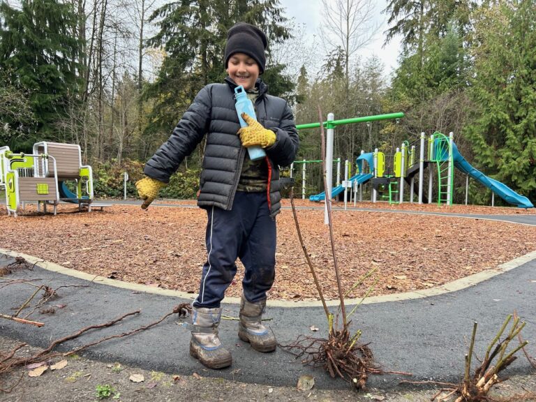 Ali dancing with his new water bottle and largest blackberry root!